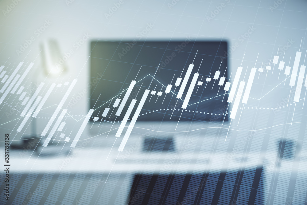 Abstract creative financial graph on modern laptop background, financial and trading concept. Multiexposure Abstract creative financial graph on modern laptop background, financial and trading concept. Multiexposure