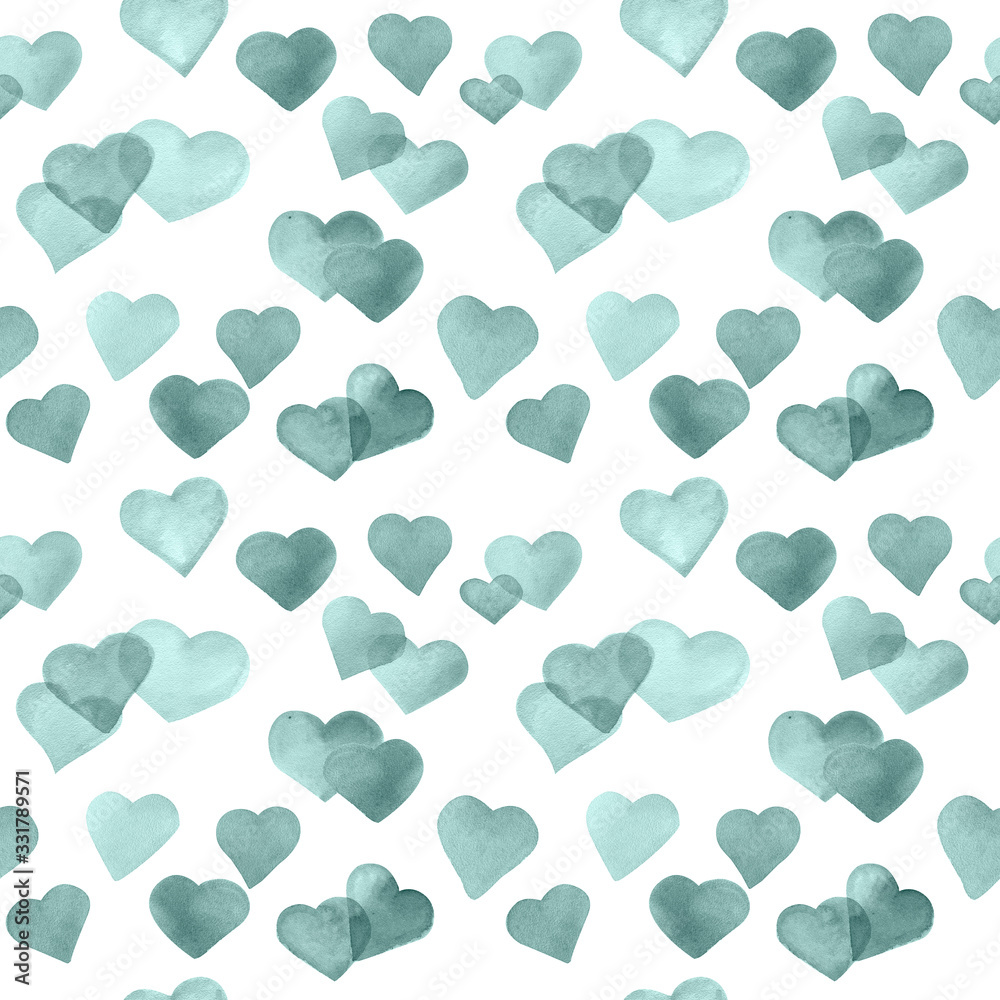 Seamless green hearts pattern. Hand drawn watercolor illustration on white background