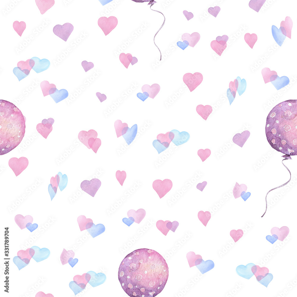Seamless colorful hearts with balloon pattern. Hand drawn watercolor illustration on white background