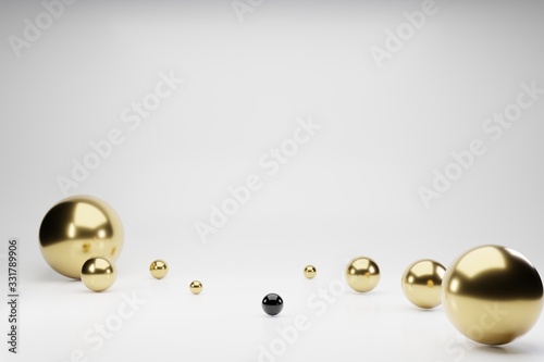 3d render abstract background, golden geometric shapes. Computer generated minimalistic background with golden, black balls. Modern design for poster cover branding banner placard.