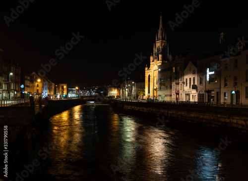 Beautiful night view scene Cork city center old town Ireland cityscape reflection river Lee