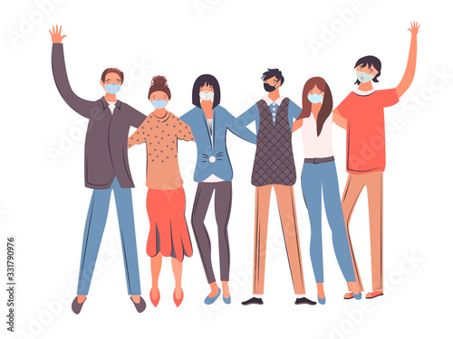 Group of people wearing face masks, air pollution, contaminated air, world pollution. Workers wearing medical masks to prevent disease. Concept of coronavirus quarantine. Vector Illustration