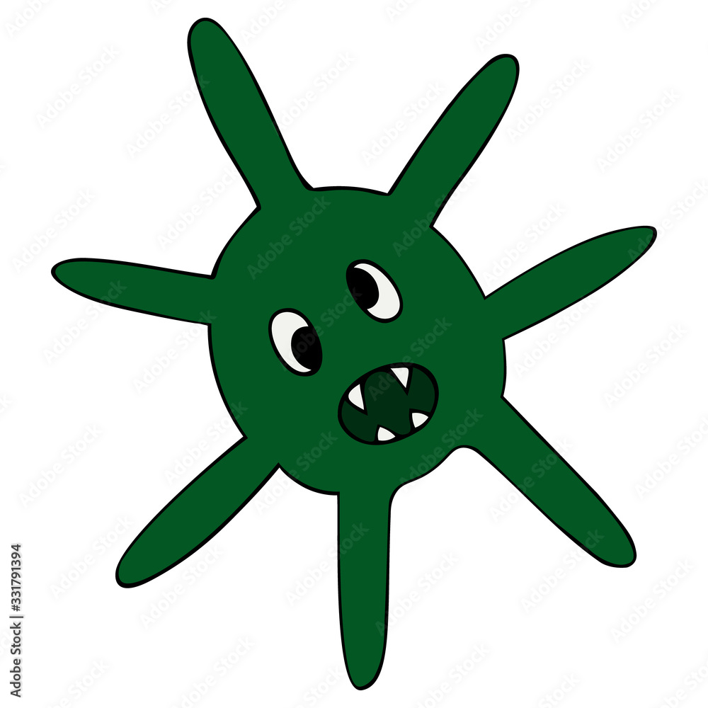 Obraz premium Coronavirus. Vector illustration. Caricature. The causative agent of a dangerous disease on an isolated background. COVID-19 infection. Cartoon style. Medical topics. Idea for book, web design