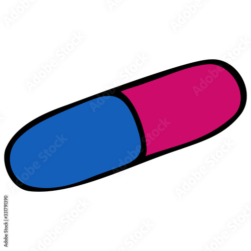 Color vector illustration-a cylindrical capsule in a solid gelatin shell. Dosed dosage form for the treatment of the disease. A blue-pink pill on an isolated background. Medical subject. Cartoon style