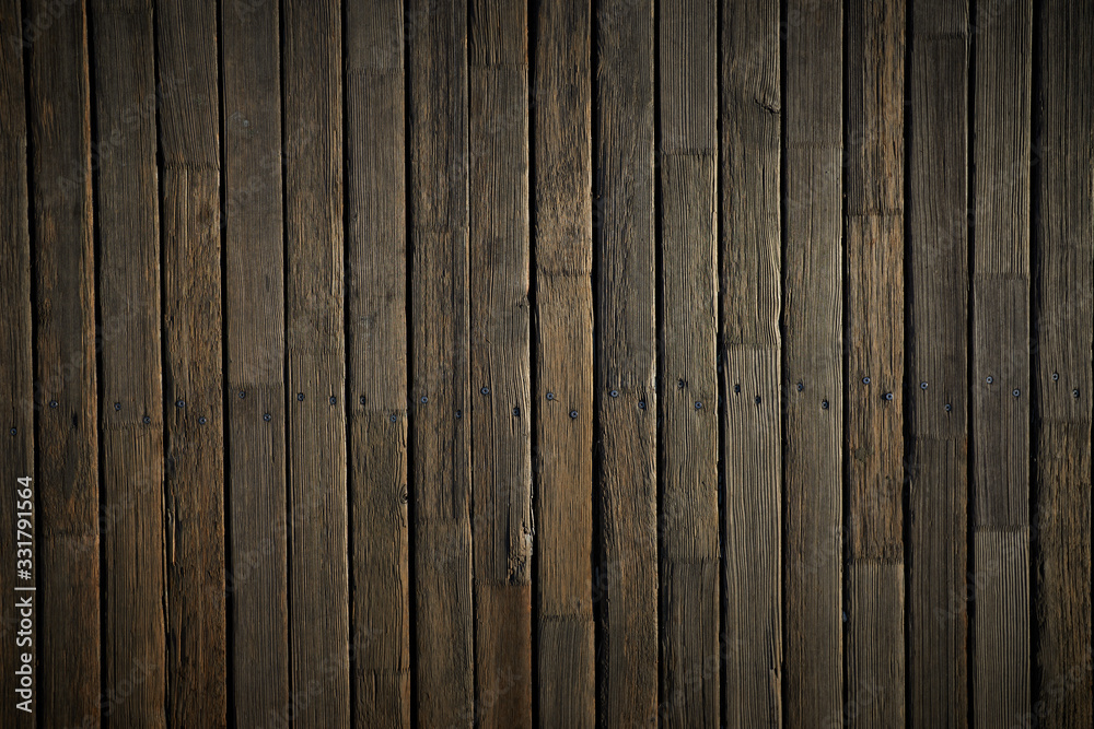Wooden texture. Old terrace board. Background of old natural wooden dark empty deck with messy and grungy crack beech, oak tree floor texture inside vintage, retro perfect blank. - obrazy, fototapety, plakaty 