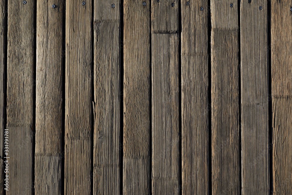 Obraz premium Wooden texture. Old terrace board. Background of old natural wooden dark empty deck with messy and grungy crack beech, oak tree floor texture inside vintage, retro perfect blank.