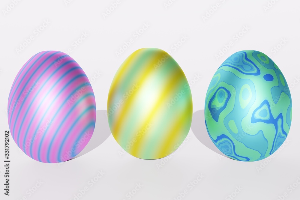 Three colorful easter eggs isolated on a white, 3d Three colorful easter eggs isolated on a white, 3d