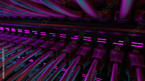 Close-up View of Modern Internet Network Switch With Plugged Ethernet Cables. Blinking Lights on Internet Server. Concept of Data Center, Cloud Computing and Telecommunications.