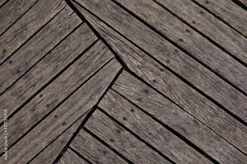 Wooden texture. Old terrace board. Background of old natural wooden dark empty deck with messy and grungy crack beech, oak tree floor texture inside vintage, retro perfect blank.