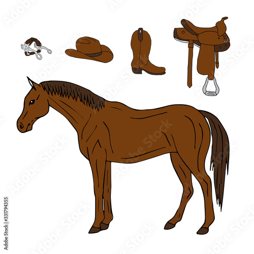 Vector hand drawn doodle sketch colored horse and riding equestrian cowboy western equipment set isolated on white background