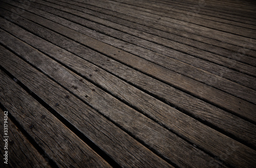 Wooden texture. Old terrace board. Background of old natural wooden dark empty deck with messy and grungy crack beech, oak tree floor texture inside vintage, retro perfect blank.