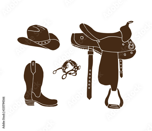 Vector set bundle of brown hand drawn doodle sketch western cowboy equipment isolated on white background. Saddle, boots, hat illustration