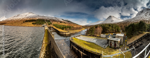 Stronuich reservoir dam panorama, view of Scottish landscape, Highlands, Scotland