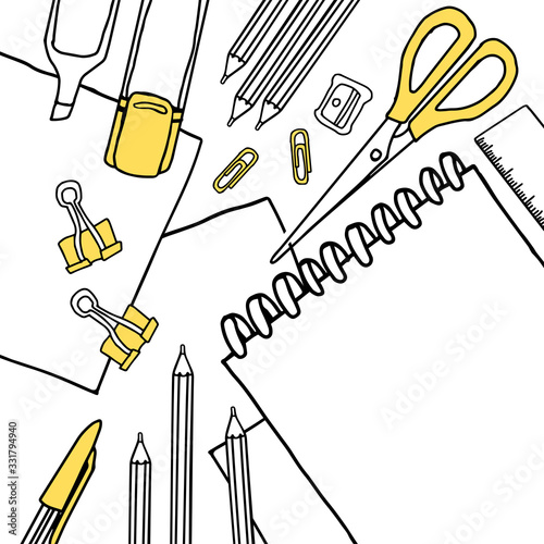 Banner or card with stationery set of items with black outline and yellow color. Vector illustration of school or office supplies in doodle cartoon style. 