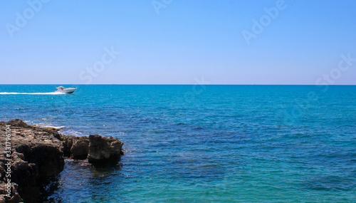 Sailing. Ship yachts with sails in the open blue azure Mediterranean Sea. Blue sky. Free copy space. banner