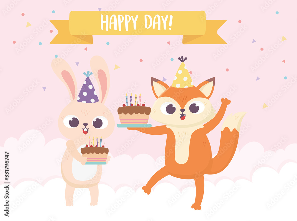 happy day, little fox rabbit with cakes and balloons