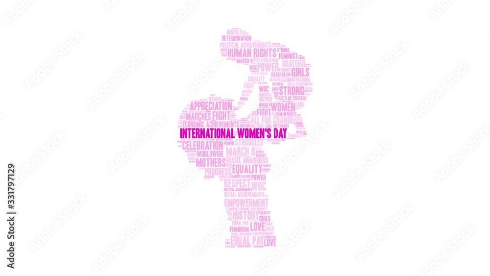 International Women's Day animated word cloud on a white background.