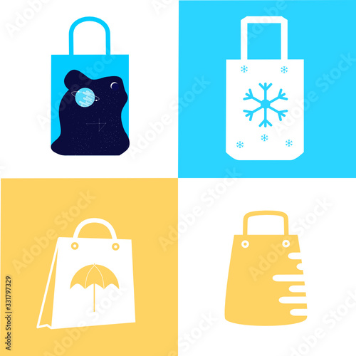 Set of paper shopping bag icons. Shopping bag for advertising and branding collection for retail design. Perfect for your web page, ui, mobile. Gift boxing vector illustration for products and things.