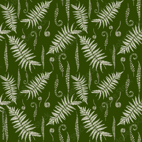 Seamless pattern beautiful vintage style monochrome white beige realistic fern branch leaf isolated on green background. perfect for design. Digital paint