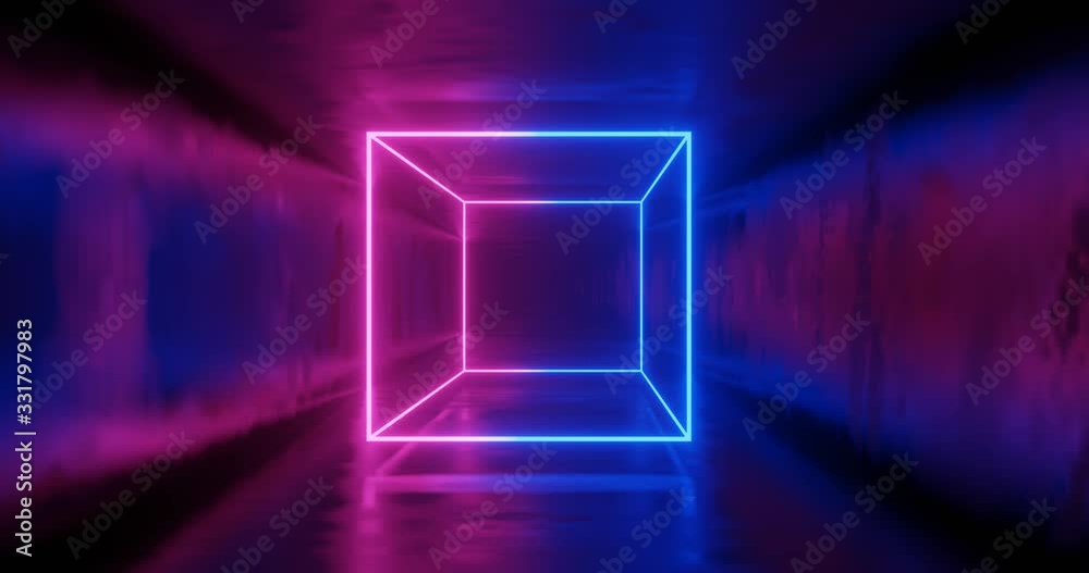 3d rendering. Seamless visualization of the transformation of a geometric figure or cube in a long tunnel in a neon glow of blue and ultraviolet colors
