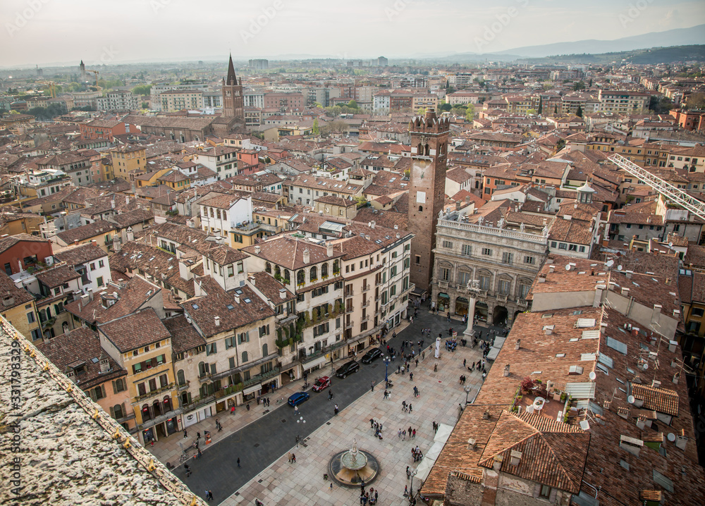 View of Piazza Erbe in Verona from the Lamberti tower. Verona, Veneto, Italy