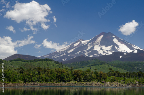 Llaima volcano and Conguillio lake in the Conguillio National Park.