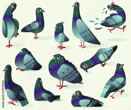 Set of funny cartoon gray dove. On a white background 12 vector birds characters with different emotions for stickers.