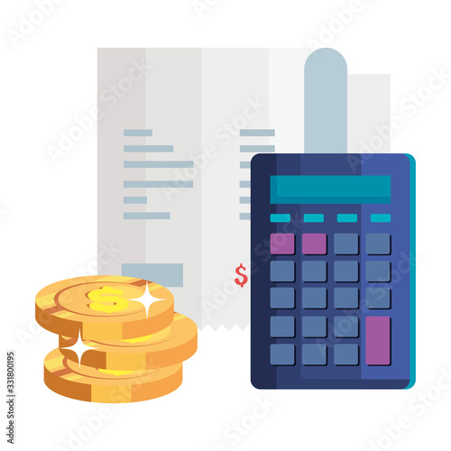 pile coins with calculator and voucher paper design