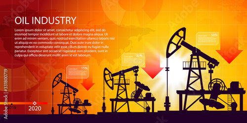 Oil industry concept. Oil price drops down graph and chart with world map background. Template with place for your text