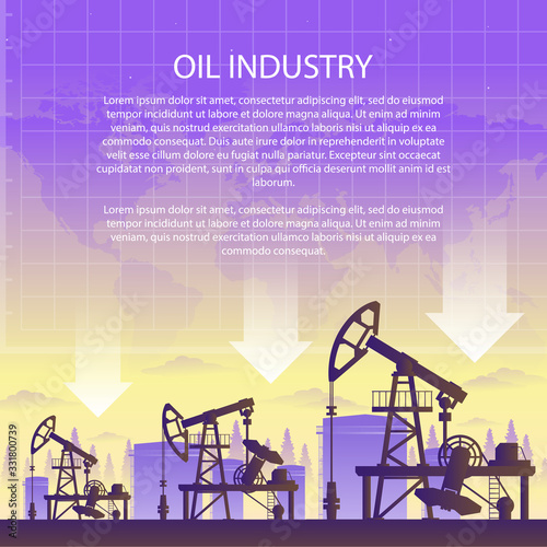 Oil industry concept. Oil price drops down graph and chart with world map background. Template with place for your text. vector illustration