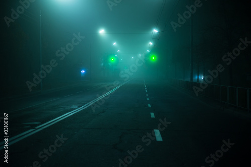 Highway road at night in the fog in the city © Hennadii