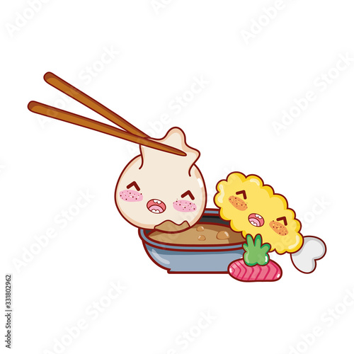 kawaii dumpling in sticks sauce tempura wasabi food japanese cartoon , sushi and rolls