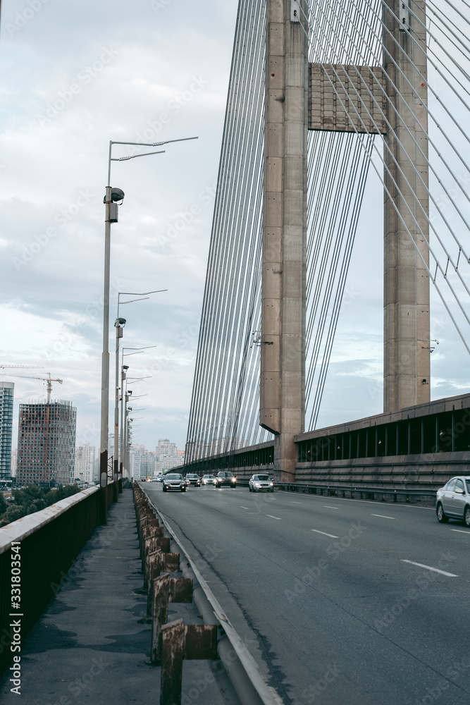 Cable-stayed bridge with road and cars