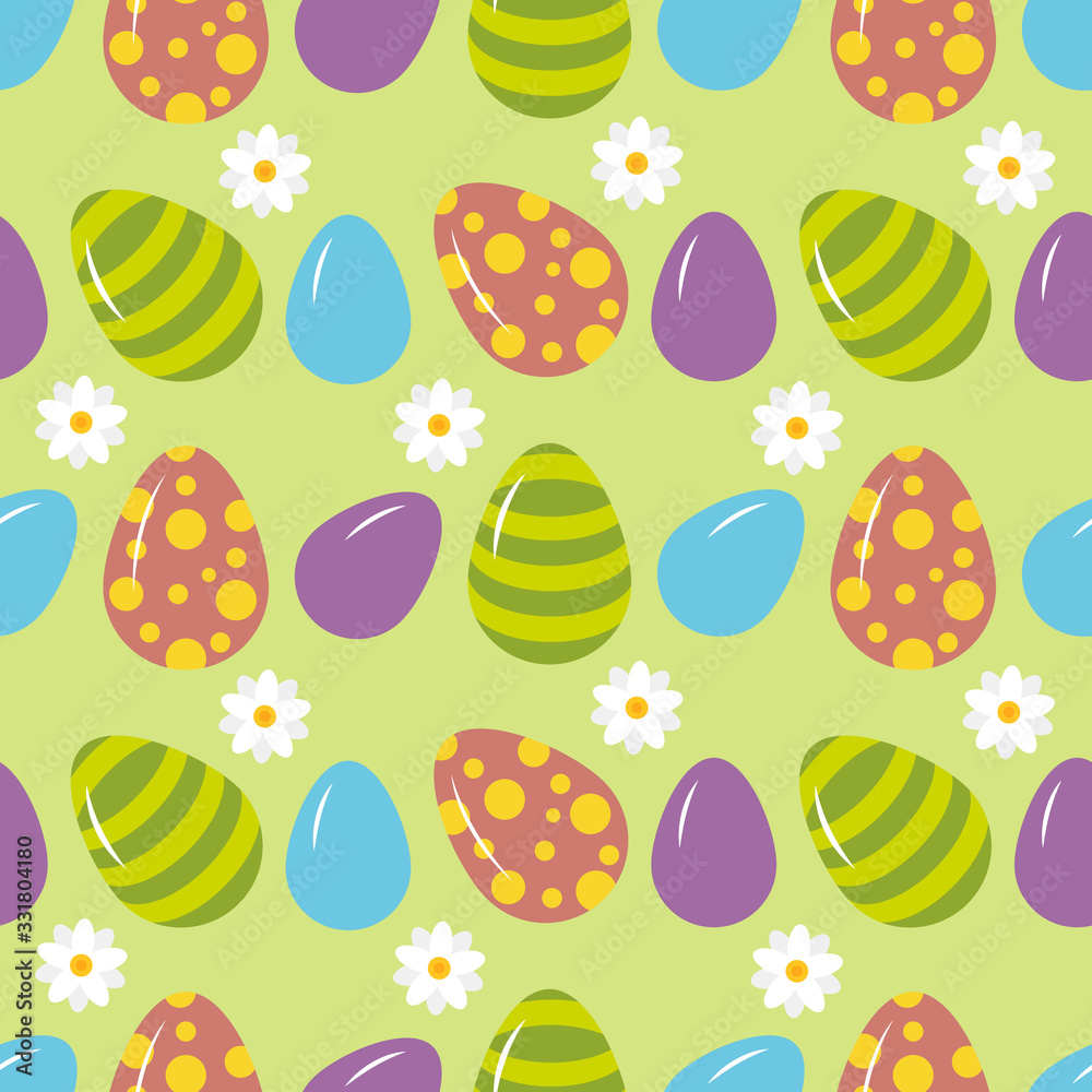 Easter seamless pattern, painted easter eggs on green background with white flowers Easter seamless pattern, painted easter eggs on green background with white flowers