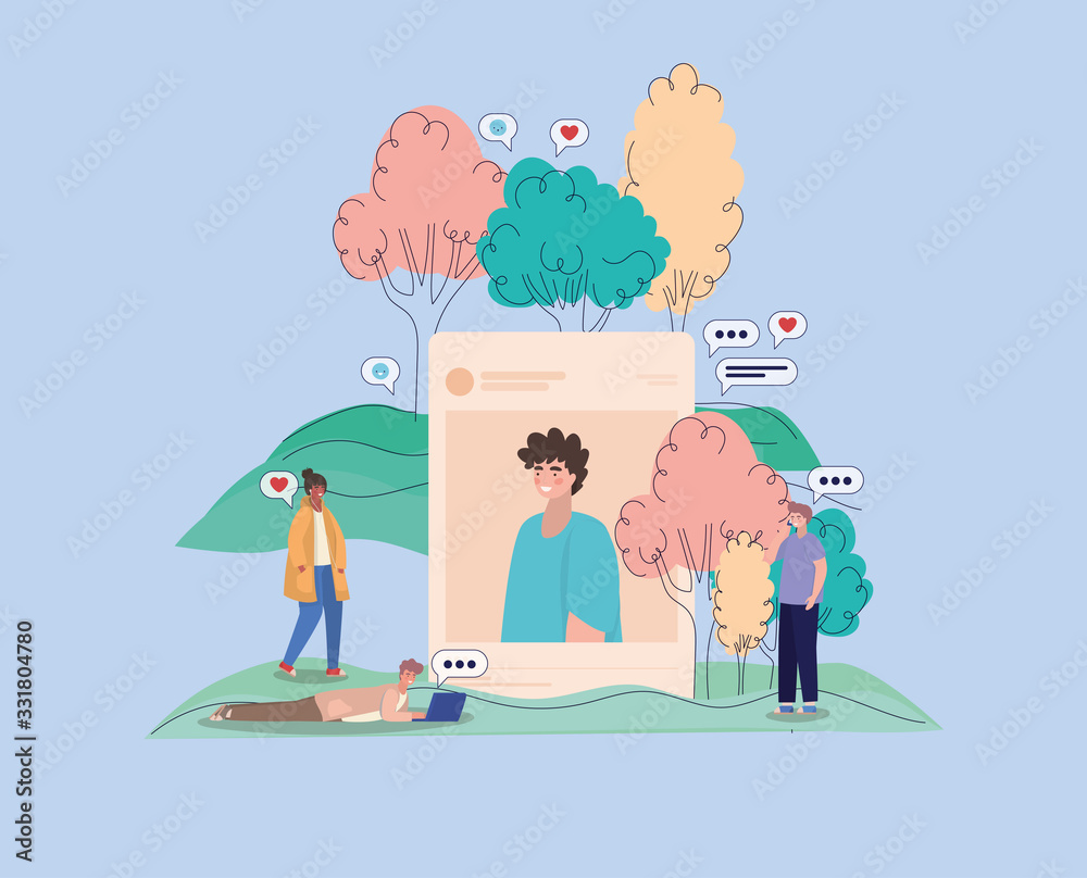 Boy picture trees bubbles and people with smartphones vector design