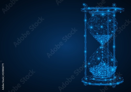 A futuristic low-poly hourglass. Lines and dots form the shape of a clock. Free space for information. © Ilya