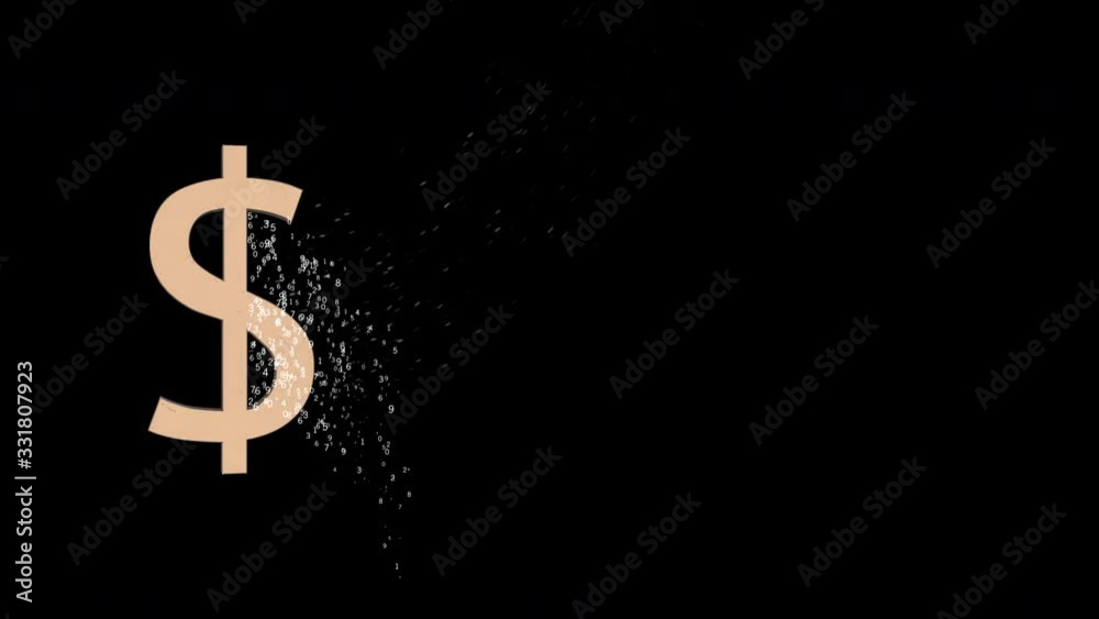 Golden dollar icon dropping into pieces over black background. Golden dollar icon dropping into pieces over black background.