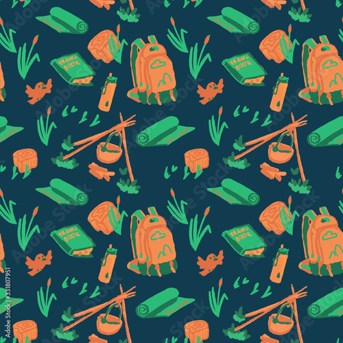 Hand drawn travel stuff on navy blue backdrop. Tour equipment seamless pattern for wallpaper, bed linen, bath tile or wrap paper. Phone case or cloth print art. Doodle style stock vector illustration