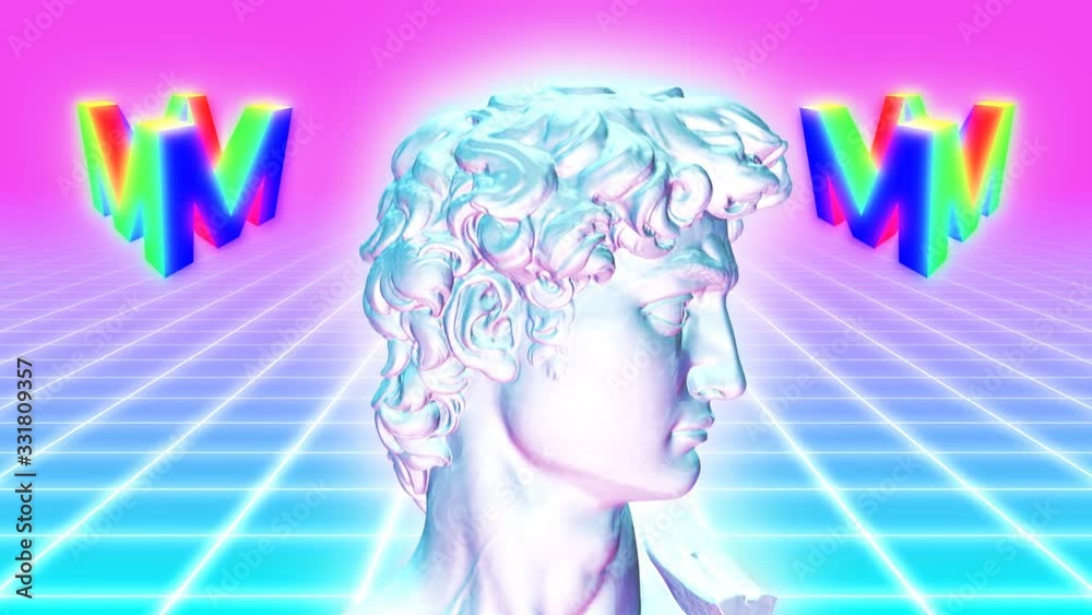 Vaporwave Aesthetic Statue on 80s Neon Glow Grid with Spinning Logo - 4K Seamless Loop Motion Background Animation