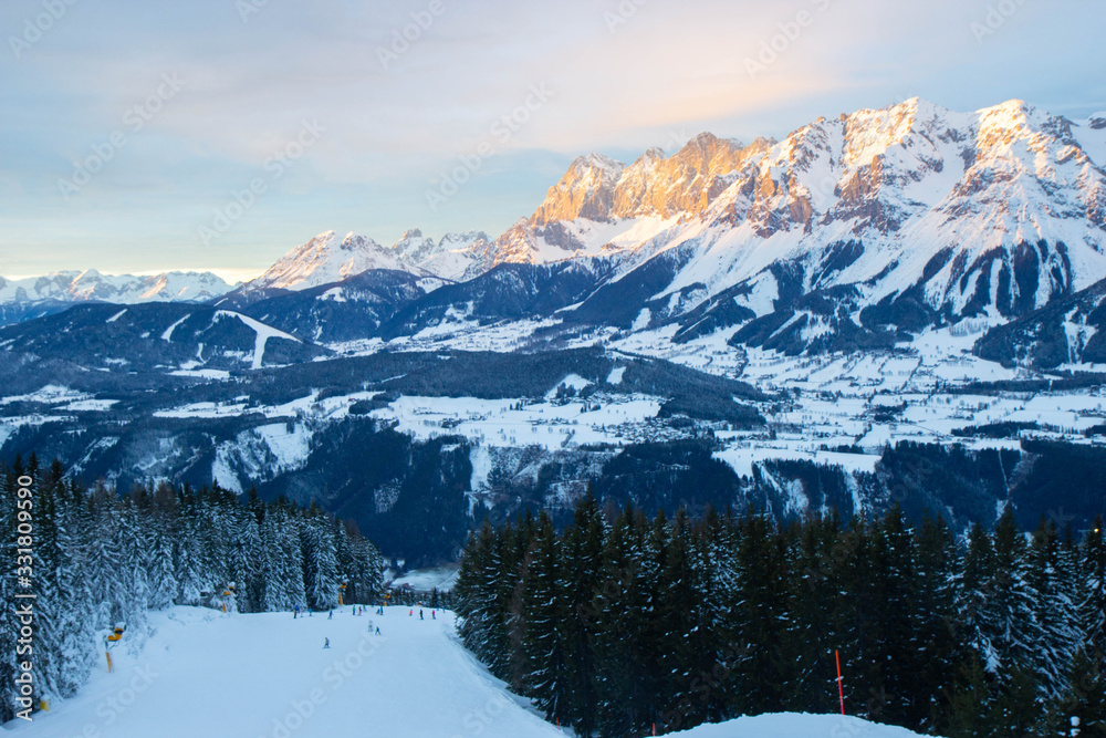 evening light on mountain range, Schladming ski resort, Austrian Alps