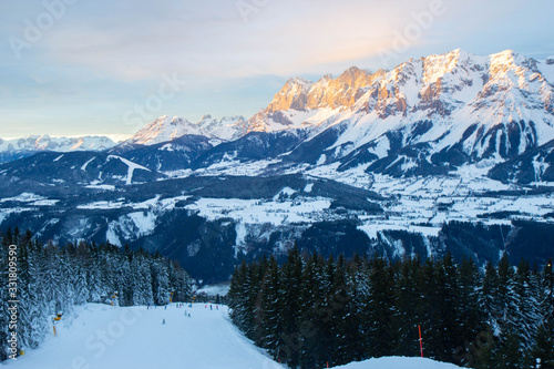 evening light on mountain range, Schladming ski resort, Austrian Alps