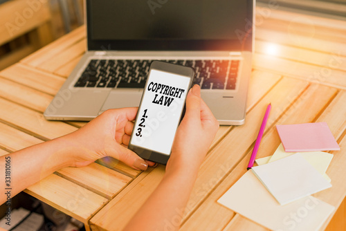 Text sign showing Copyright Law. Business photo showcasing body of law that governs the original works of authorship