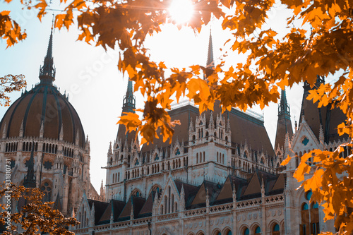 Old European Parliament Building in Budapest on a background of yellow autumn foliage