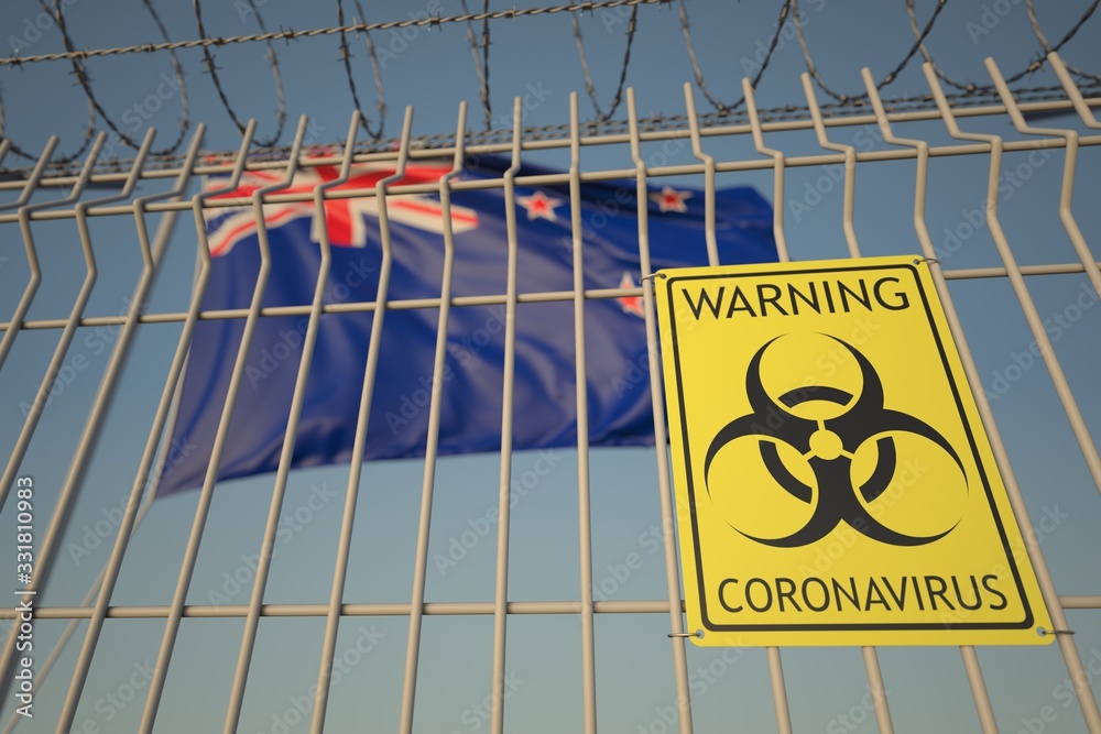 Coronavirus biohazard sign on the fence against the New Zealand flag. Medical quarantine, conceptual 3D rendering Coronavirus biohazard sign on the fence against the New Zealand flag. Medical quarantine, conceptual 3D rendering