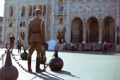 Guard on the parade ground near the parliament building in Budapest