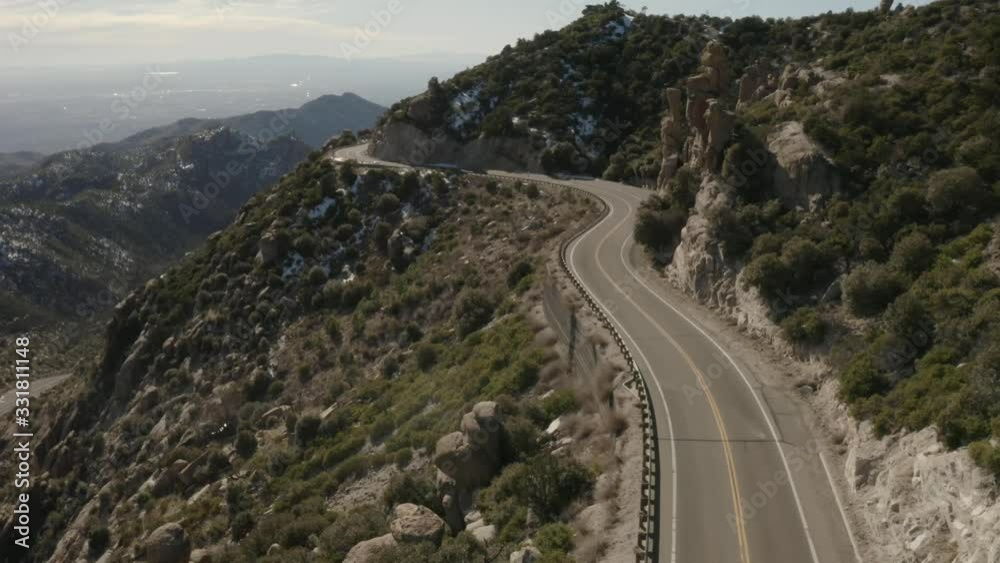 Flying along a winding mountain road on Mt. Lemmon in Tucson, Arizona