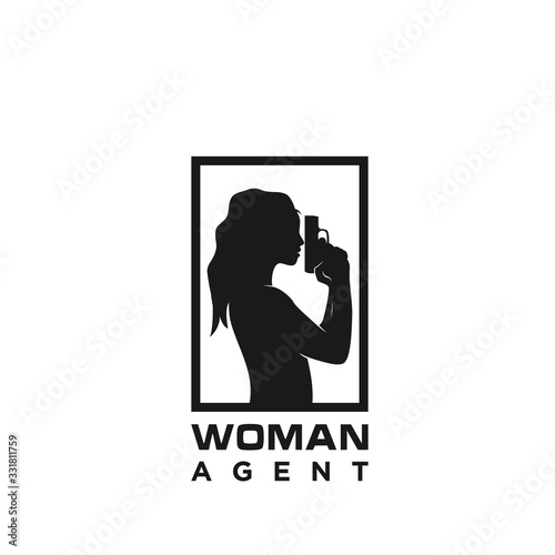 Silhouette Woman holding a weapon for Agent spy logo design.