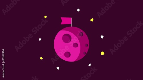 Cartoon planet with flag and stars around the planet video animation. A pink planet like a moon with craters in dark purple space. A flag is empty and with space for design. Flat cartoon vector illust