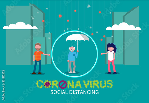 Virus attacks people vector illustration. Individuals representing social distance to prevent the spread of the virus. Flat vector illustration.