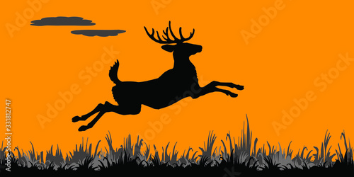realistic black silhouette of a forest deer galloping across a field on an orange  background